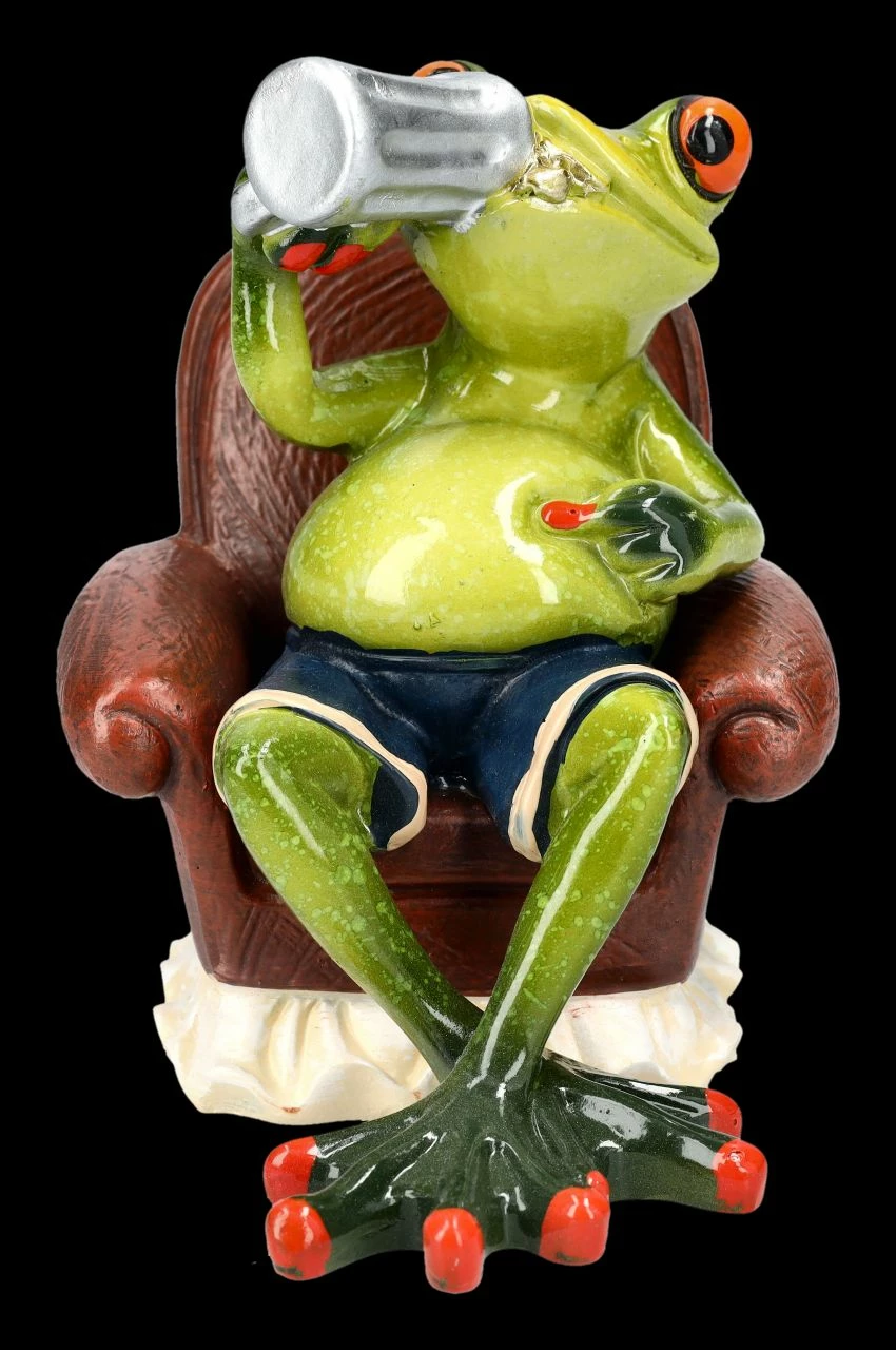 Lustige Frosch Figur Auf Stuhl Trinkt Bier – Bild 5