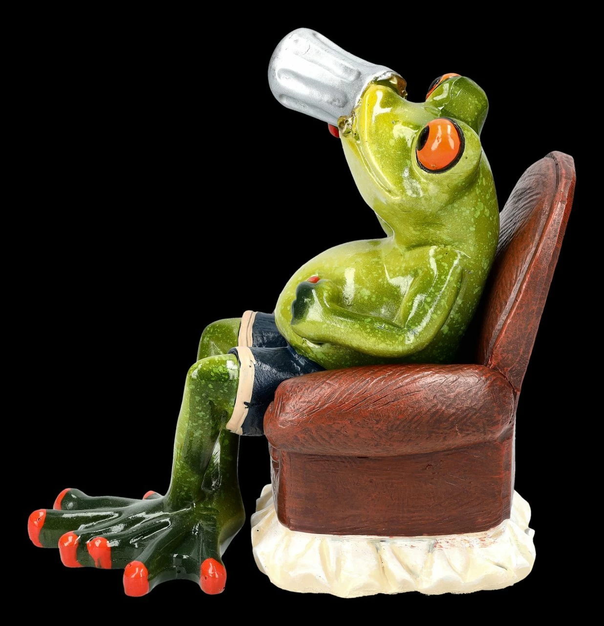 Lustige Frosch Figur Auf Stuhl Trinkt Bier – Bild 2