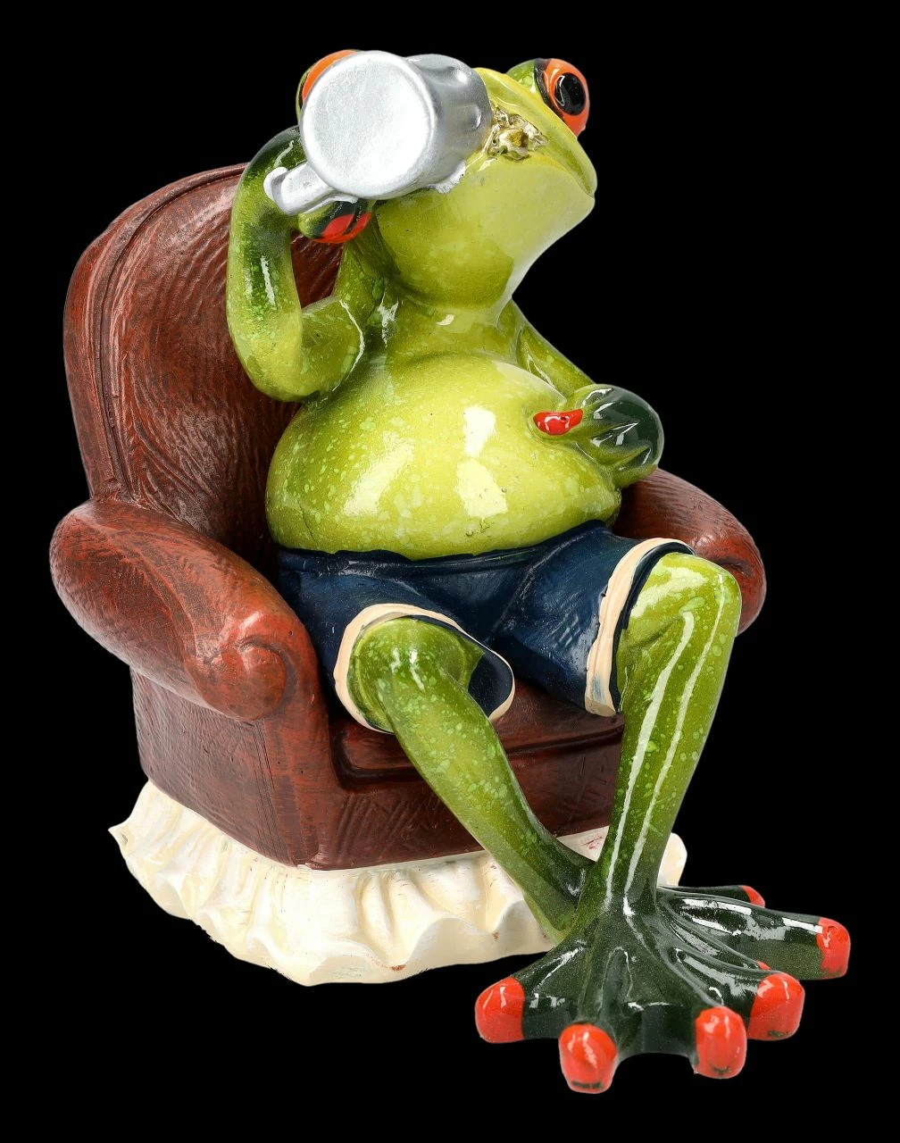 Lustige Frosch Figur Auf Stuhl Trinkt Bier – Bild 6