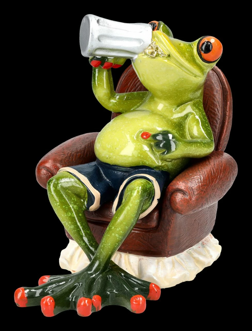 Lustige Frosch Figur Auf Stuhl Trinkt Bier