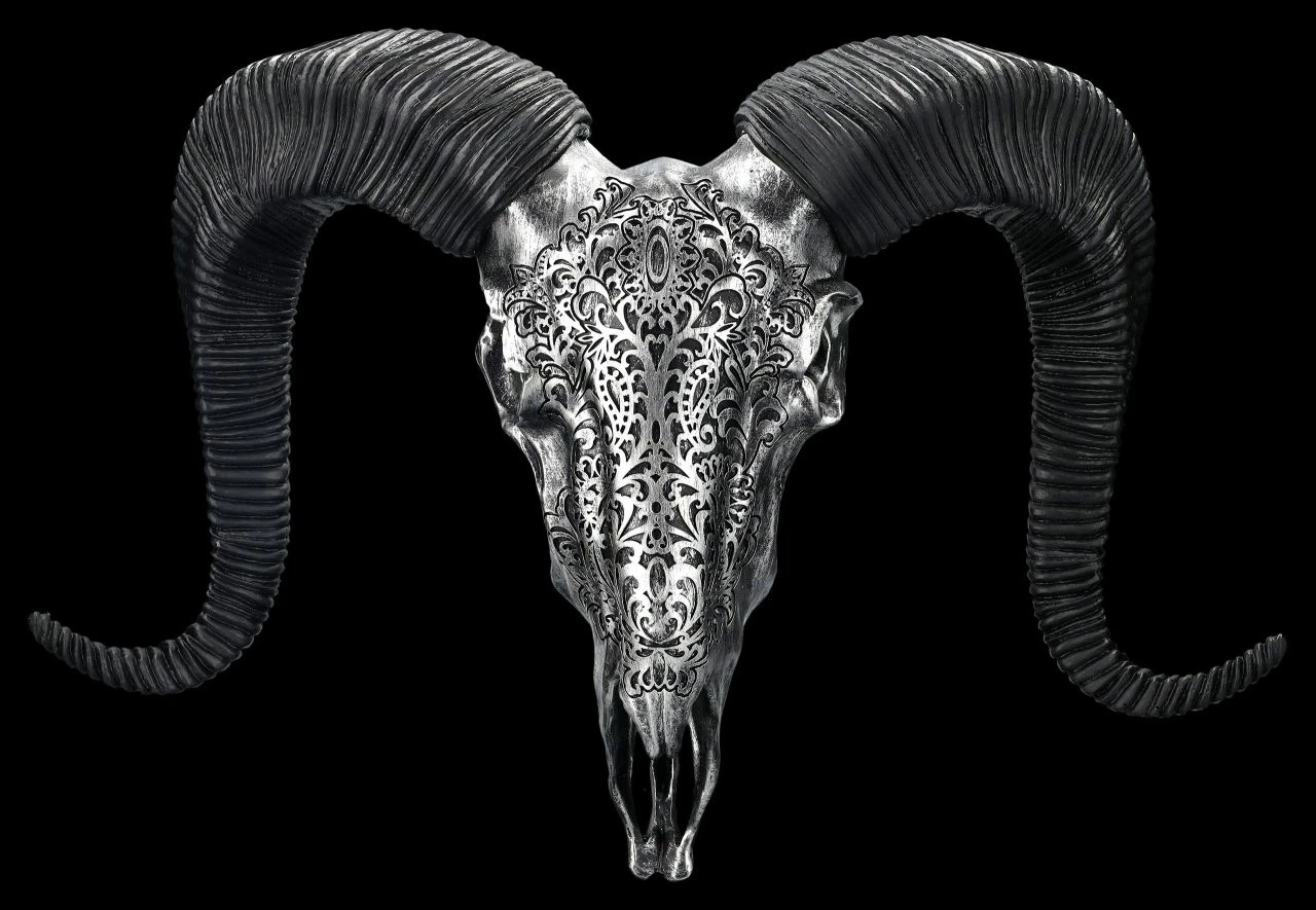 Wandrelief - Widderschädel Mit Verzierungen Groß Silber