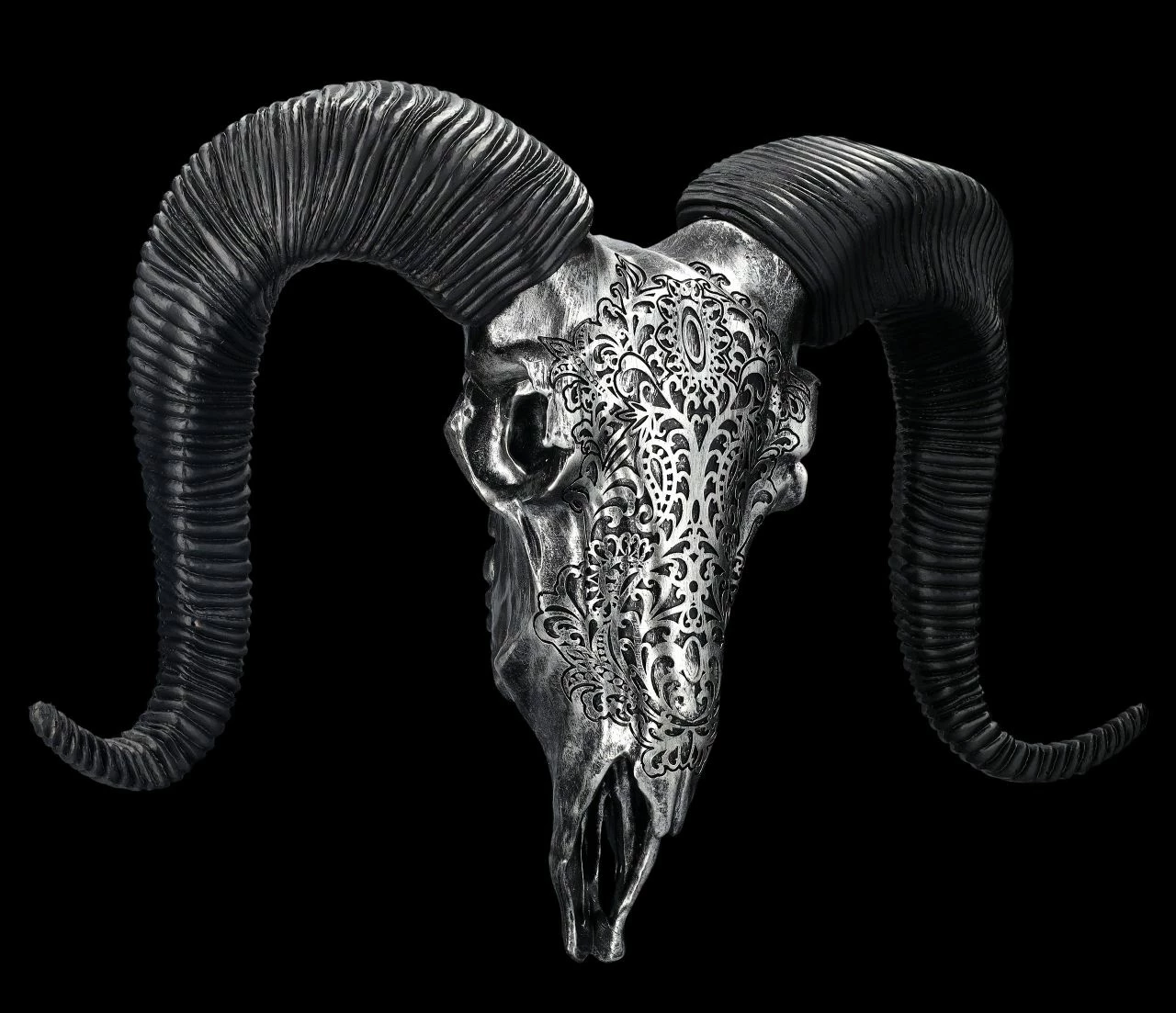 Wandrelief - Widderschädel Mit Verzierungen Groß Silber – Bild 2