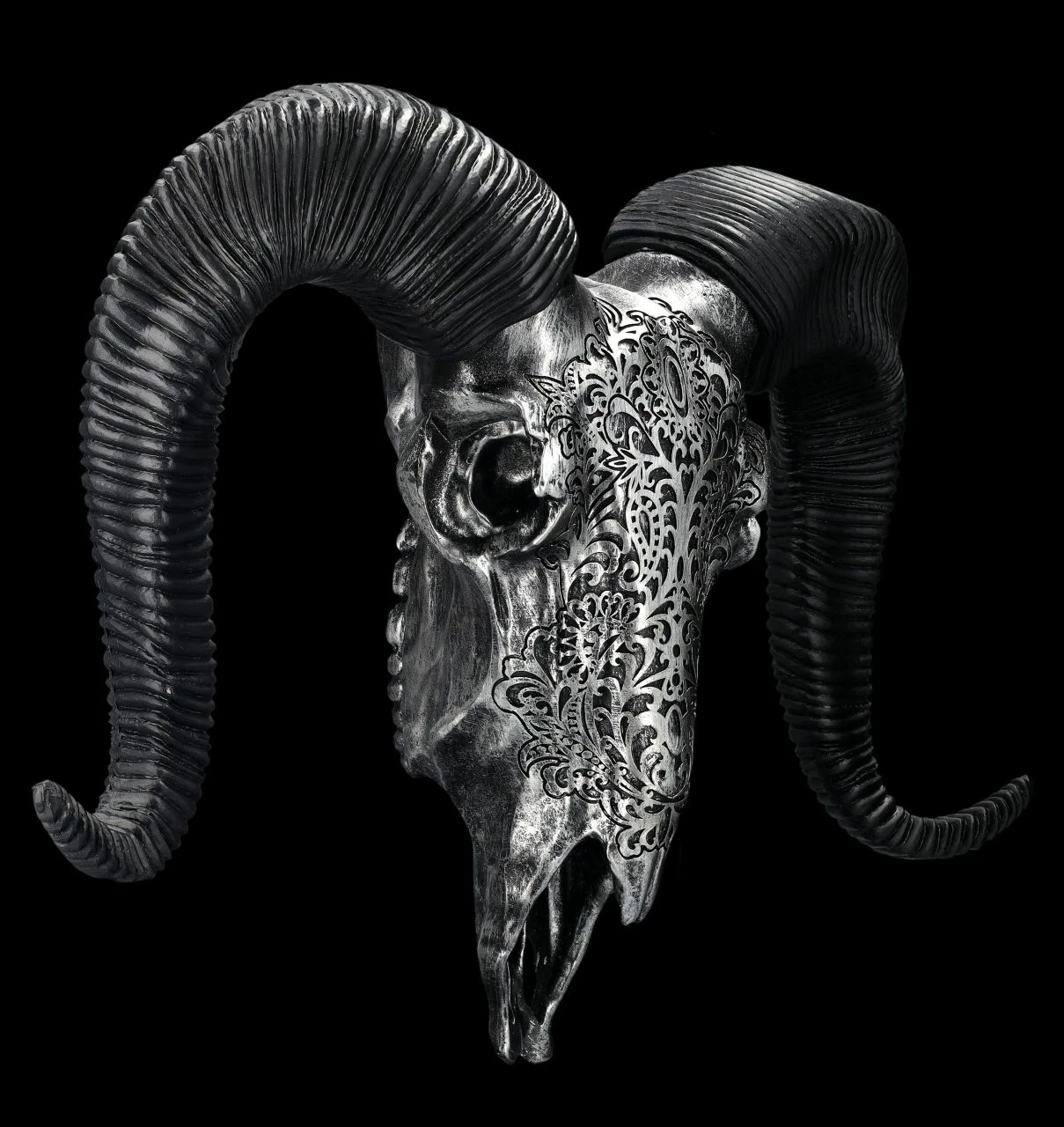 Wandrelief - Widderschädel Mit Verzierungen Groß Silber – Bild 4