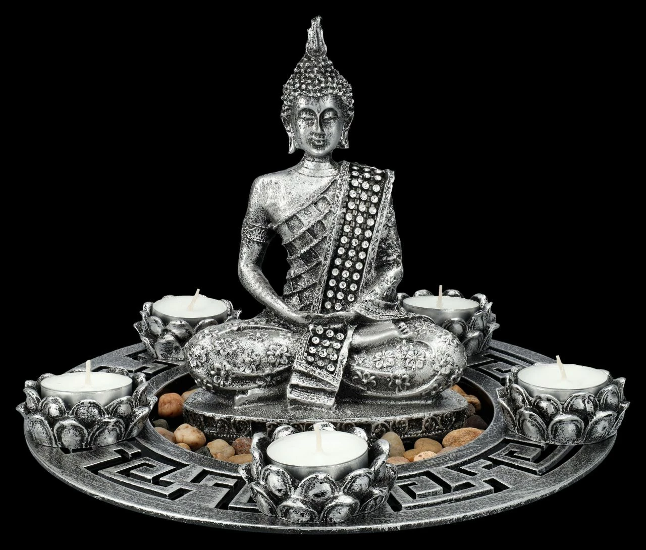 Buddha Figur Als Fünffach Teelichthalter Silberfarben – Bild 6
