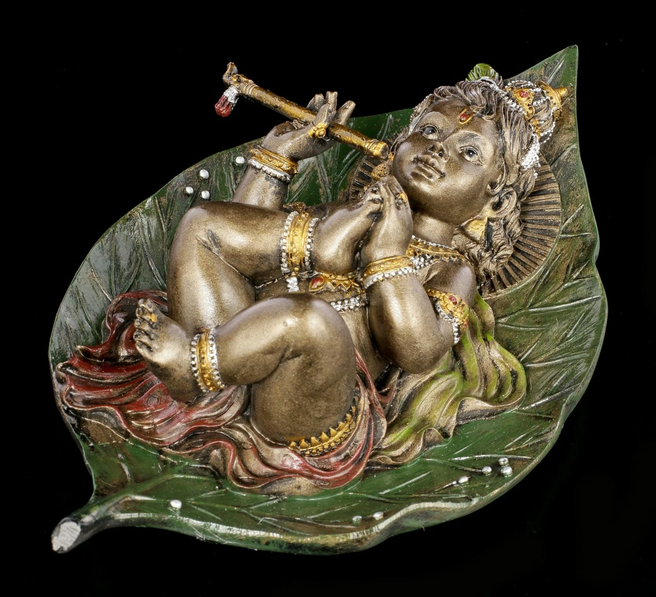 Baby Krishna Figur Auf Buddhabaum Blatt - Bronziert – Bild 3