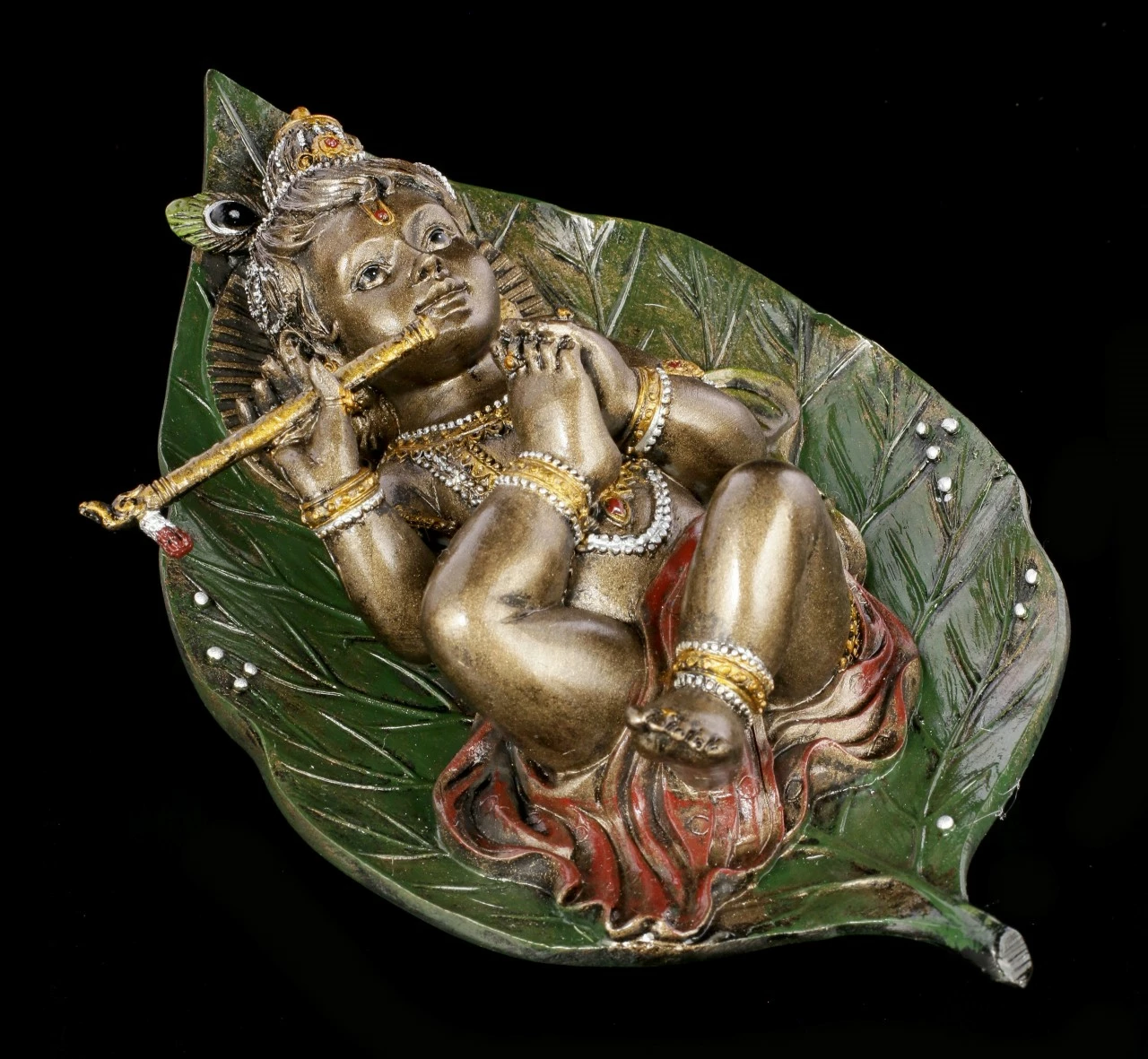 Baby Krishna Figur Auf Buddhabaum Blatt - Bronziert
