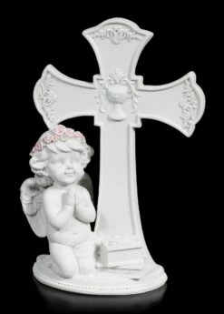 Weiße Cherub Figur Vor Kreuz Betend